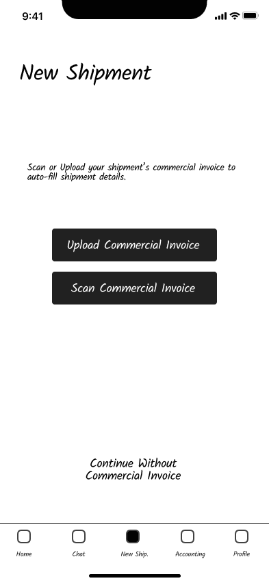 sketch home page with shipments submenu item selected