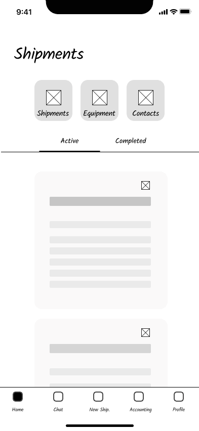 sketch home page with shipments submenu item selected