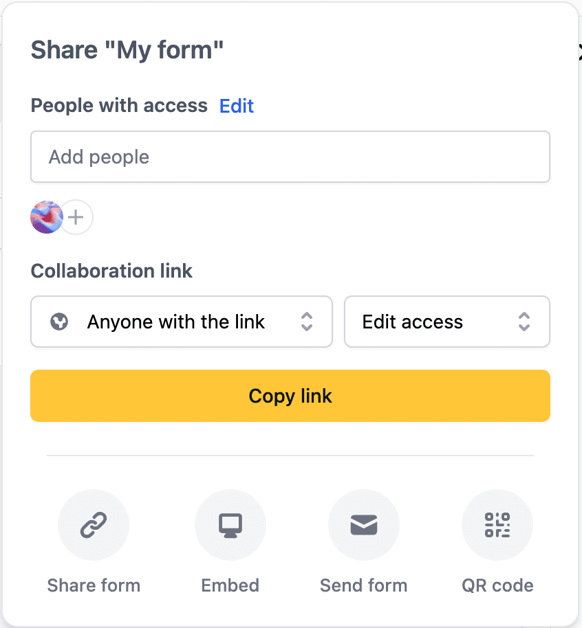 The original share popover, showing an add-people input, a members list, and a shareable link row