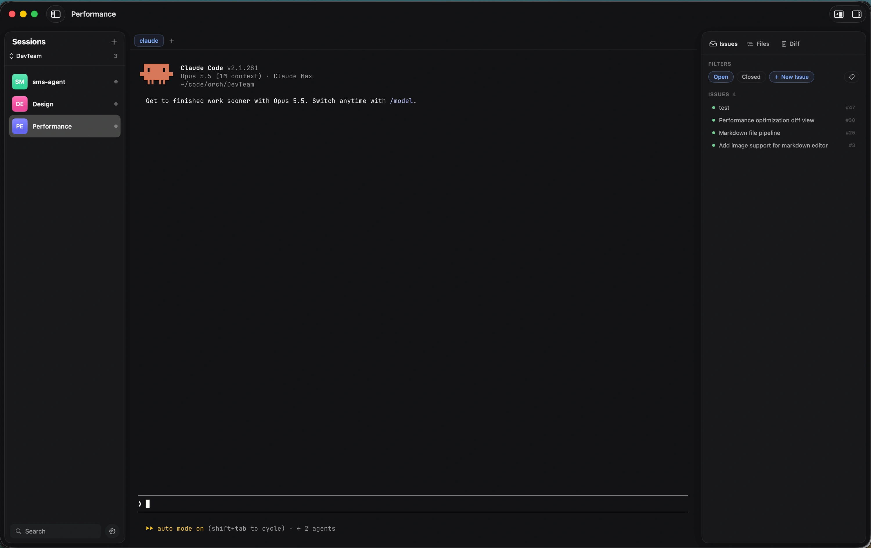 Dhek app screenshot showing parallel agent sessions