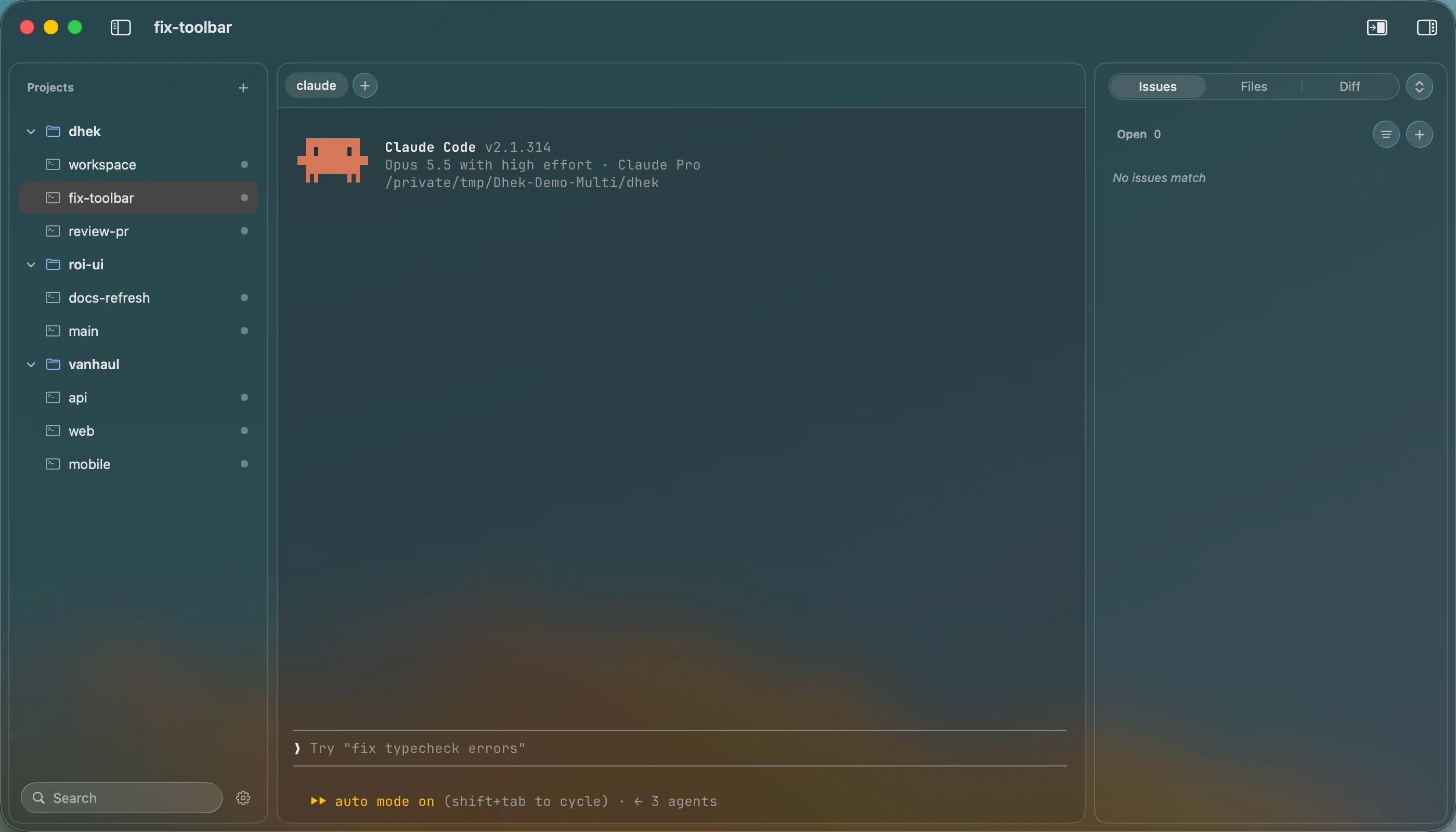 Dhek workspace with three open projects in the sidebar and Claude Code ready in a frosted terminal beside the issues inspector