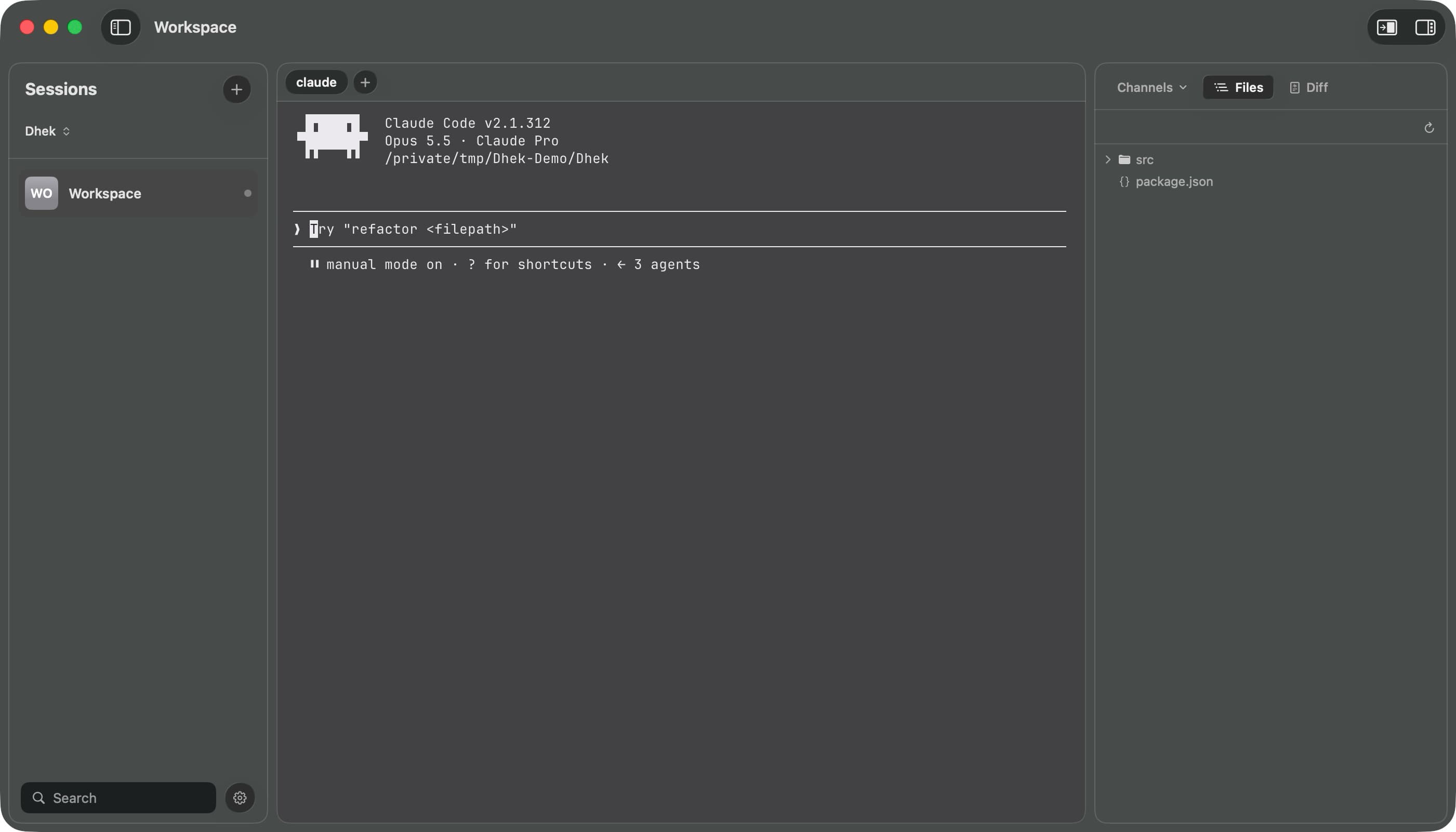Dhek workspace with Claude Code ready in a full-height dark terminal beside the session sidebar and file browser
