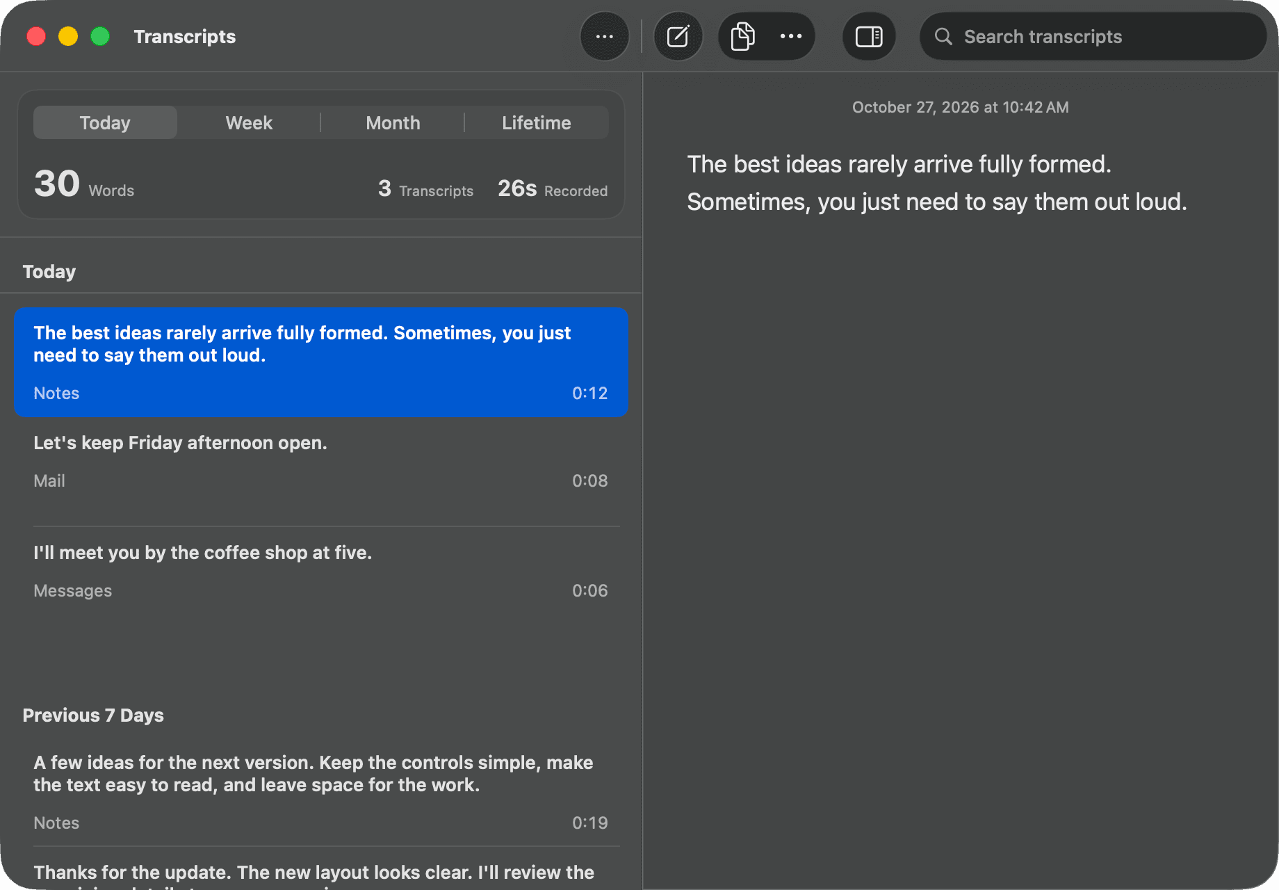 Omilia transcript history with sample dictations, a reading pane, and today's word count