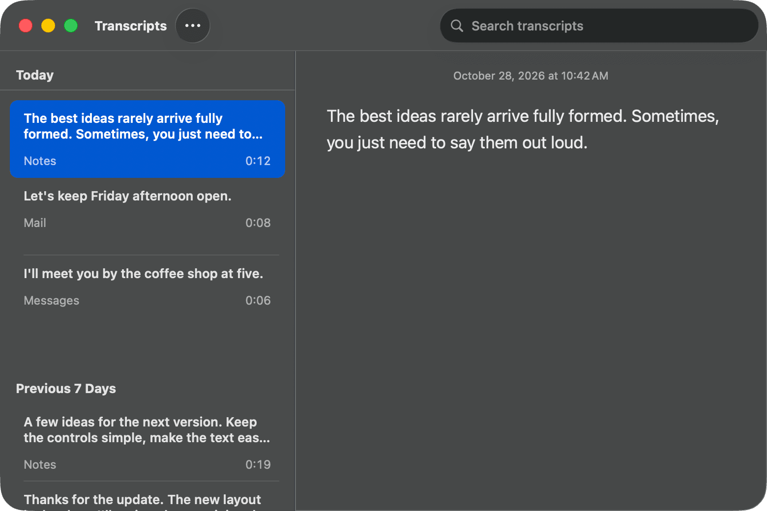 Omilia transcript history with search, sample dictations grouped by date, and a reading pane