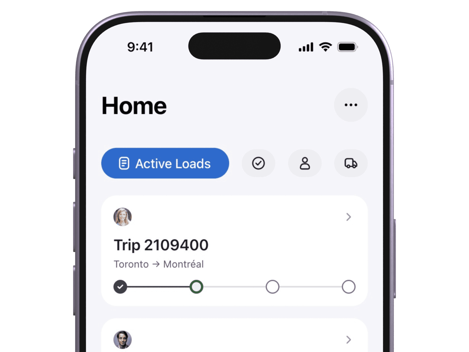 VanHaul Dispatcher home on an iPhone, showing Active Loads and shipment trips