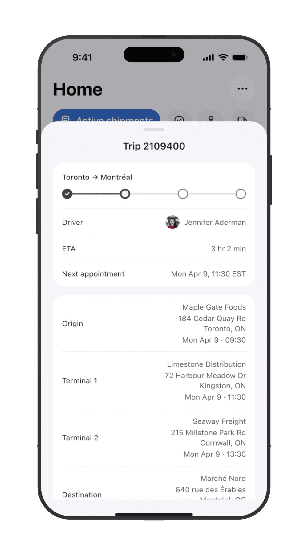 Shipment details, shown on a front-facing black phone
