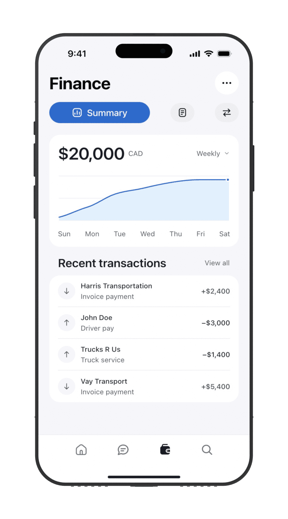 Finance, shown on a front-facing black phone