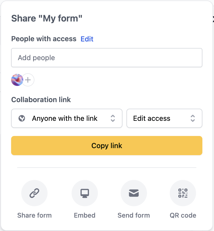 The original share popover, showing an add-people input, a members list, and a shareable link row